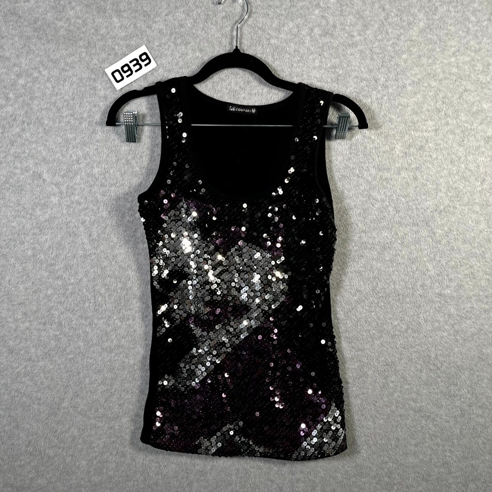 Esti Couture Tank Top Womens Medium Black Silver Stretch Sequin Party Round Neck
